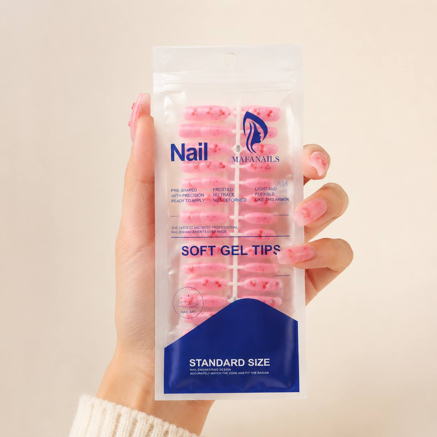 Nail Art Pink Soft - เล็บปลอมสีชมพูไล่เฉดแบบนุ่มนวล 1 แพ็ค ลายเชอร์รี่ จุดสีชมพูและสีขาว เล็บปลอมแฟชั่นลายเชอร์รี่
