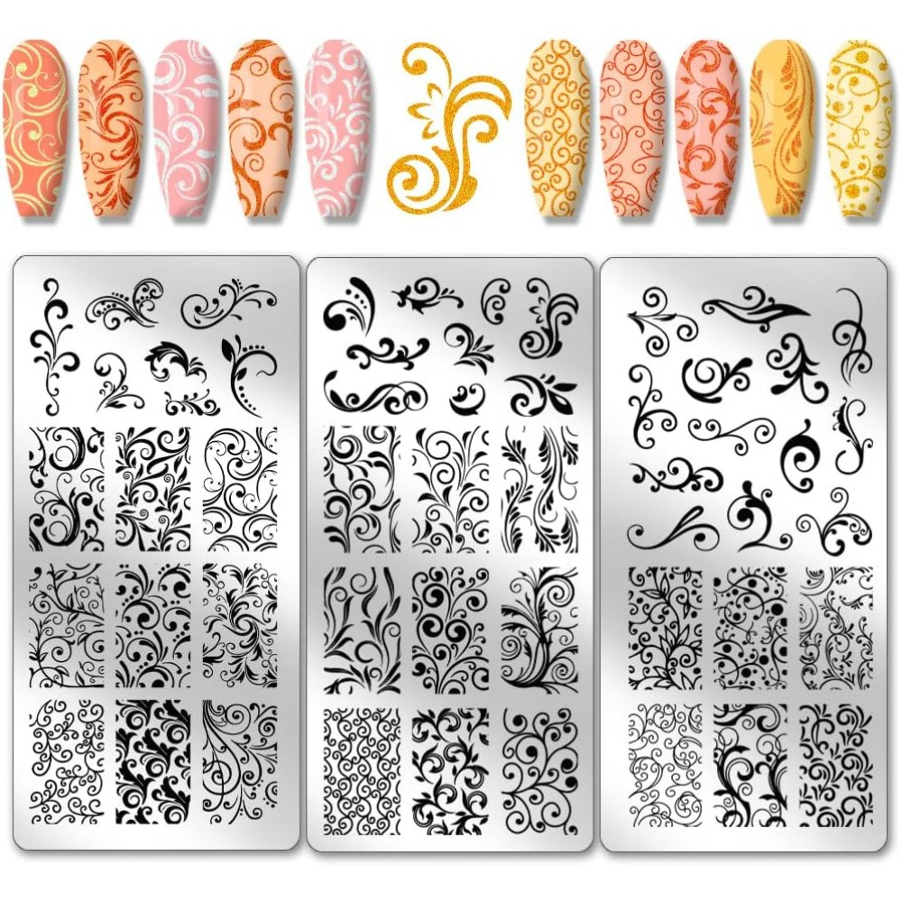 Nail Art Inspo - 3pcs Swirl รูปแบบเล็บแม่แบบเล็บฝรั่งเศสแผ่นปั๊ม 52 รูปแบบพืชดอกไม้เล็บ Art