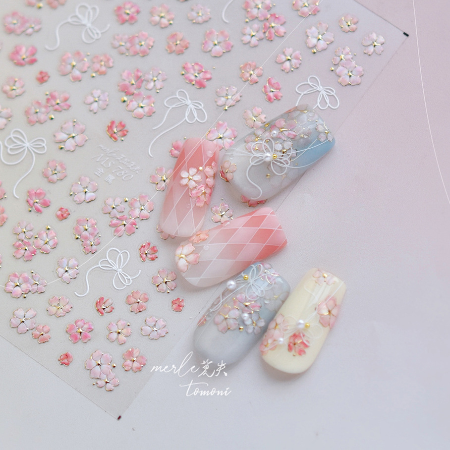 Nail Art Pink Soft - สติกเกอร์ติดเล็บลายดอกซากุระสีชมพู 5D ลายปั๊มทอง นุ่ม ติดทนนาน ตกแต่งเล็บสวยเก๋