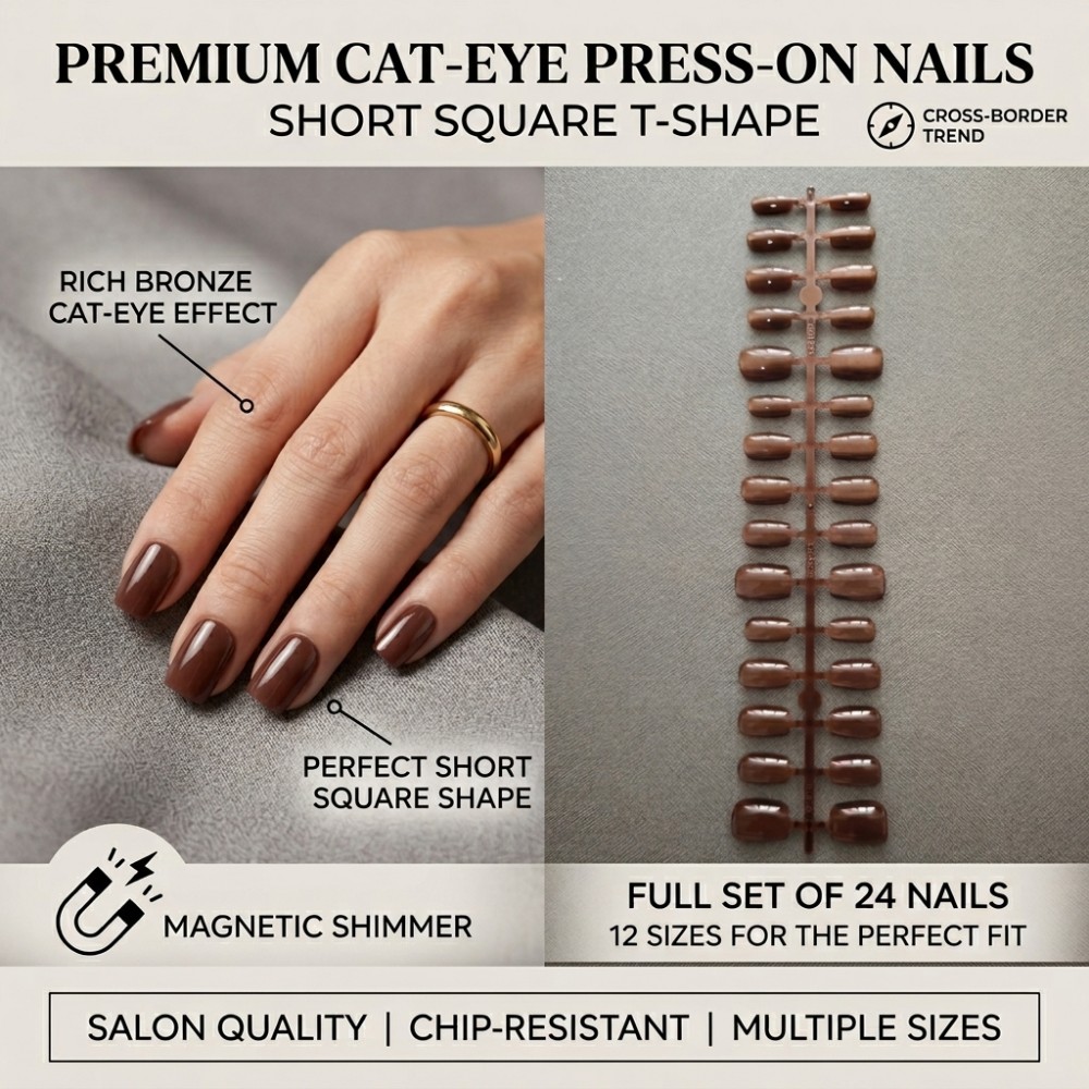 Nail Art Extension Cat Eye - เล็บปลอมแบบกดติด 24 ชิ้น ทรงสี่เหลี่ยมสั้น สีบรอนซ์น้ำตาลเข้ม ลายตาแมว