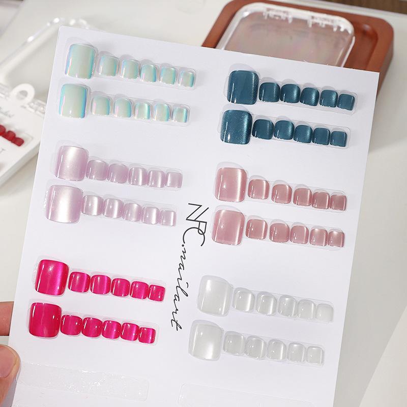 Nail Art Extension Cat Eye - เล็บปลอมแบบฝรั่งเศส 10 ชิ้น/กล่อง ดีไซน์ลายตาแมว เงางาม ทรงสี่เหลี่ยมสั้น