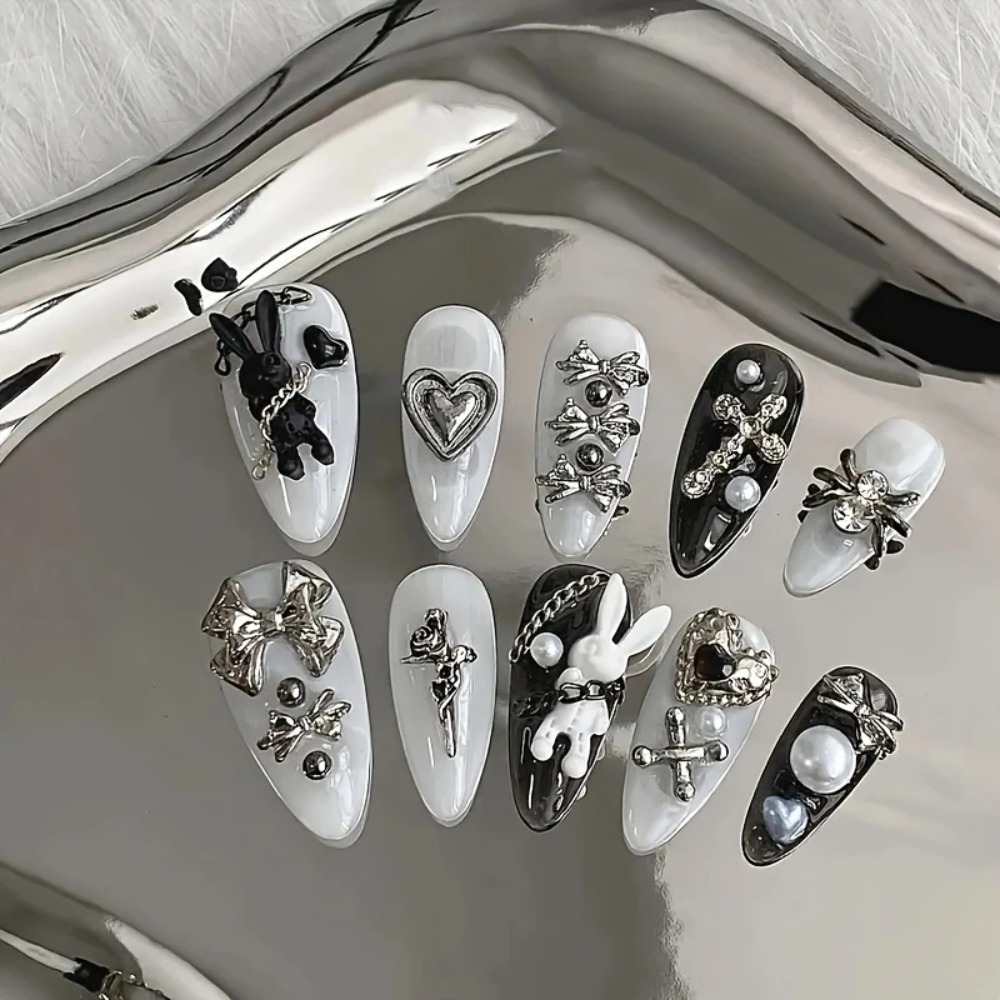 Nail Art Gothic - 10 ชิ้น ชุดตกแต่งเล็บสีดำและสีขาวแบบเฉพาะตัว ลายกระต่ายและโบว์ - สไตล์มินิมอลแบบกอธิค