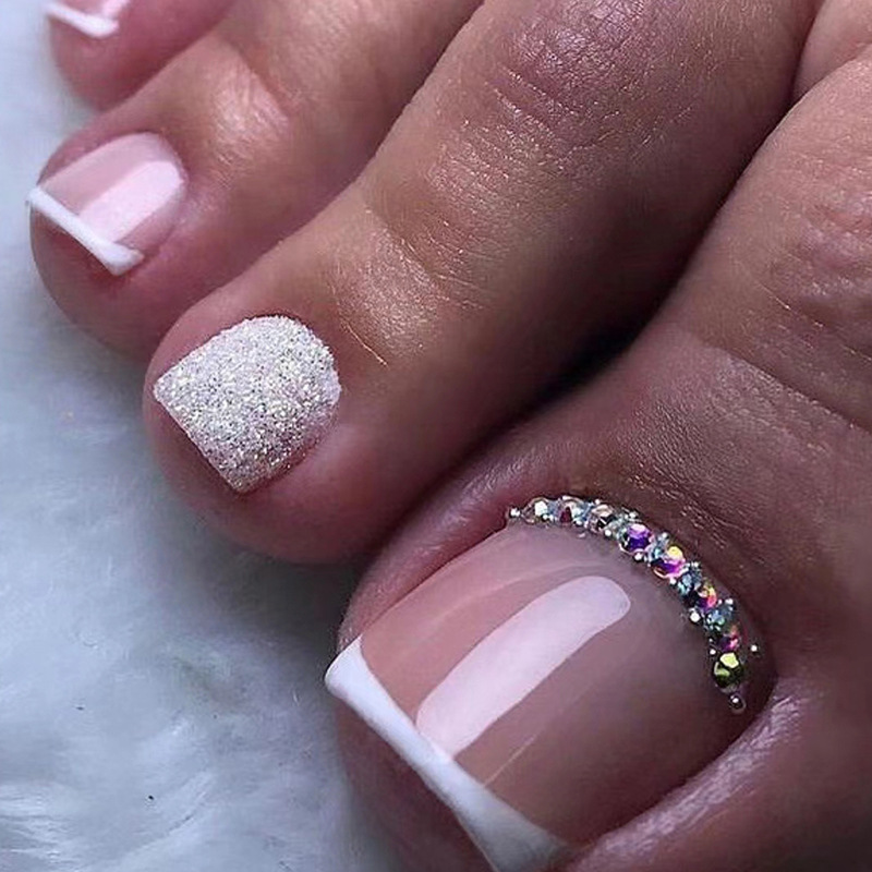 Nail Art Glitter - เล็บปลอม 24 ชิ้น พร้อมกาวติดเล็บ แบบฝรั่งเศส ง่ายต่อการติด