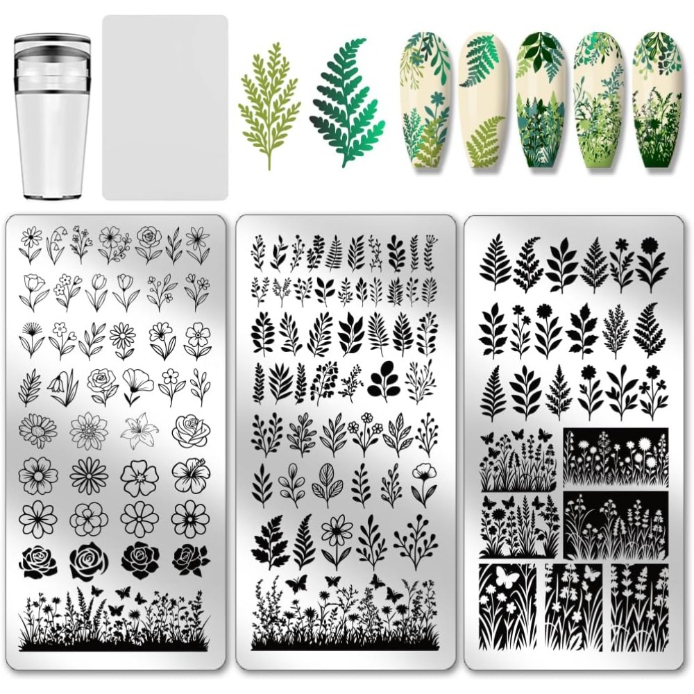 Nail Art Inspo - แผ่นปั๊มลายเล็บลายดอกไม้ 3 ชิ้น ลายพืช ลายดอกกุหลาบ ลายดอกเดซี่