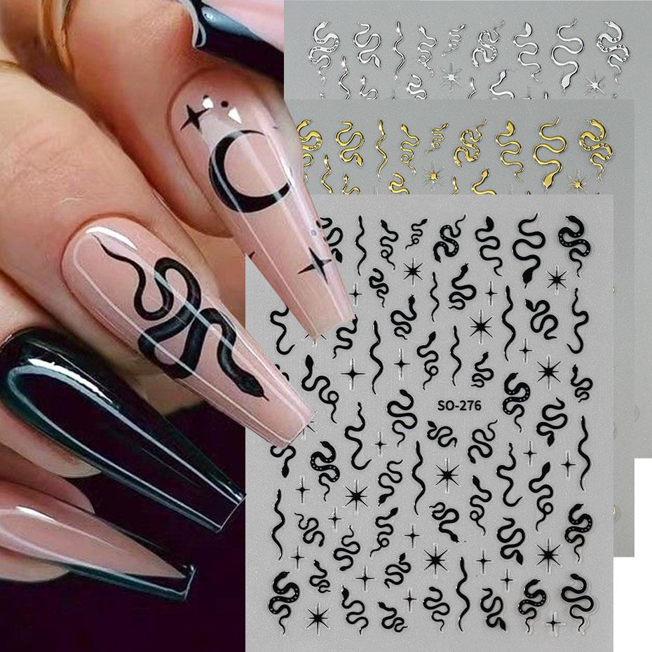 Nail Art Gothic - สติกเกอร์ติดเล็บลายงู 3 มิติ สีดำ 3 ชิ้น