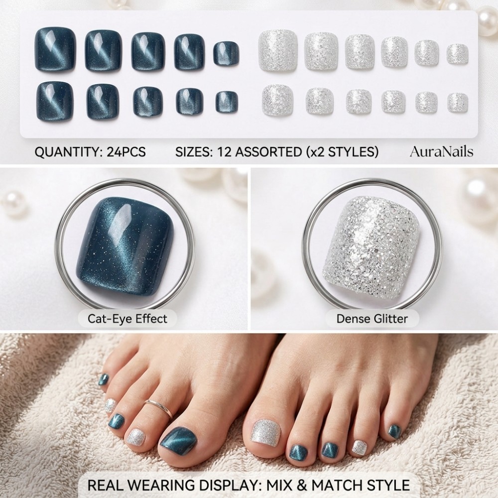 เล็บปลอมสีฟ้าโอเชียน 24 ชิ้น แ - Nail Art Glitter บทวิจารณ์และราคา